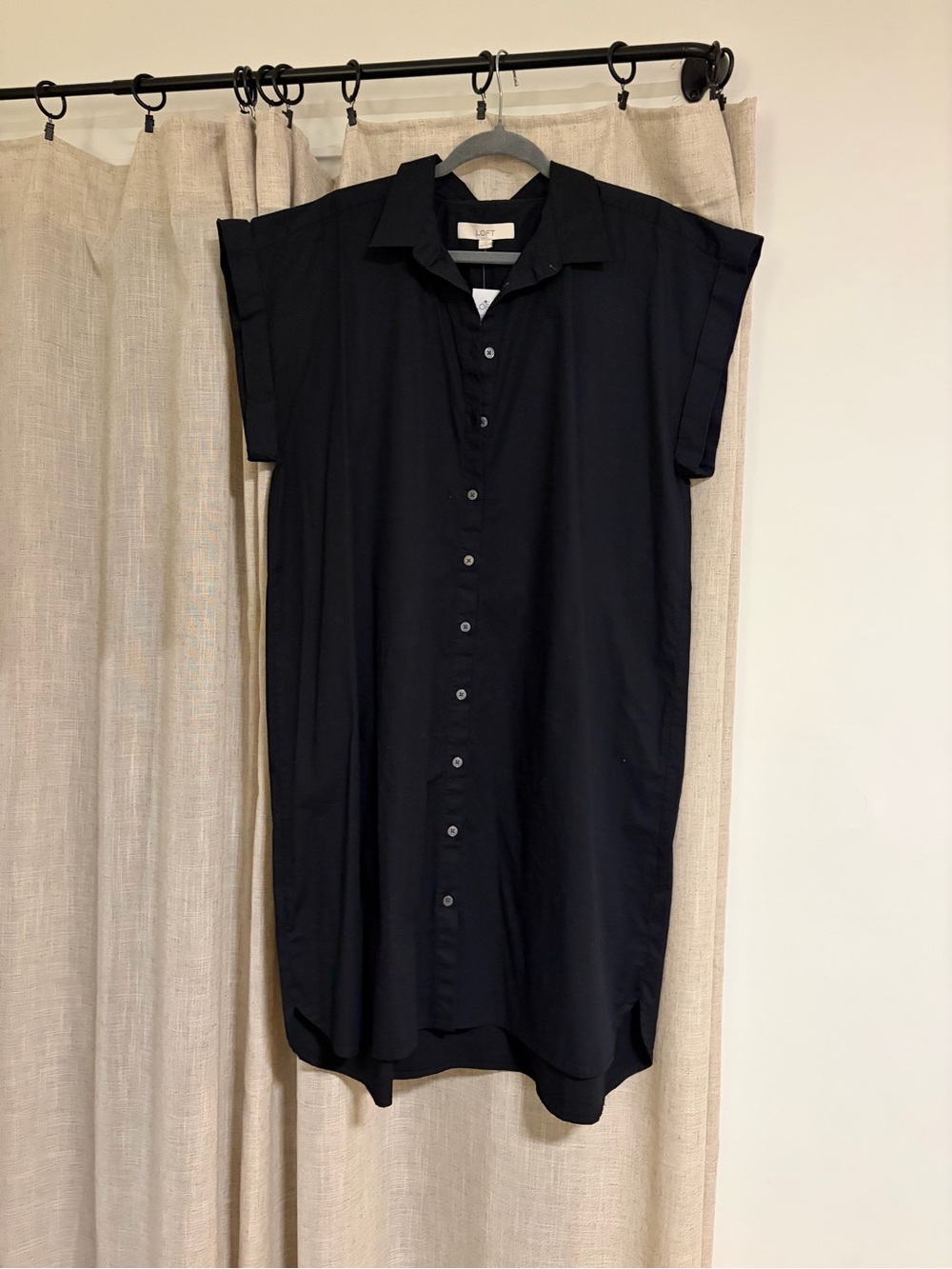 LOFT Black Short-Sleeve Button-Down Shirt Dress